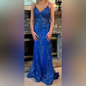Cinderella Divine blue sequin floor length formal dress